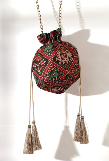 Aarna Green, Red & Multi Silk Patola Print Potli With Tassels